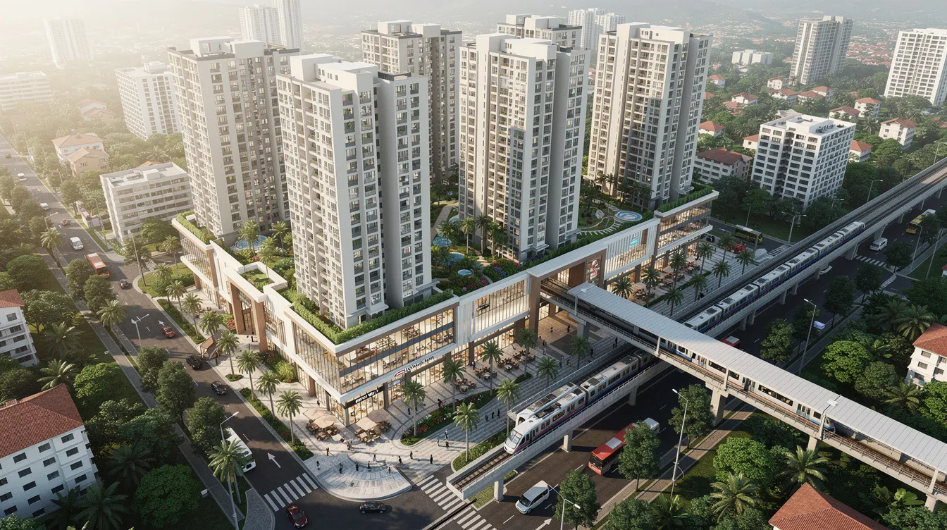 An aerial view showcases the integrated residential development, Pinery Residences, featuring a commercial podium and direct MRT access, nestled in a tropical urban environment. This vibrant area, near Tampines West MRT station and Bedok Reservoir Park, highlights the blend of family living and high resale demand in the east.