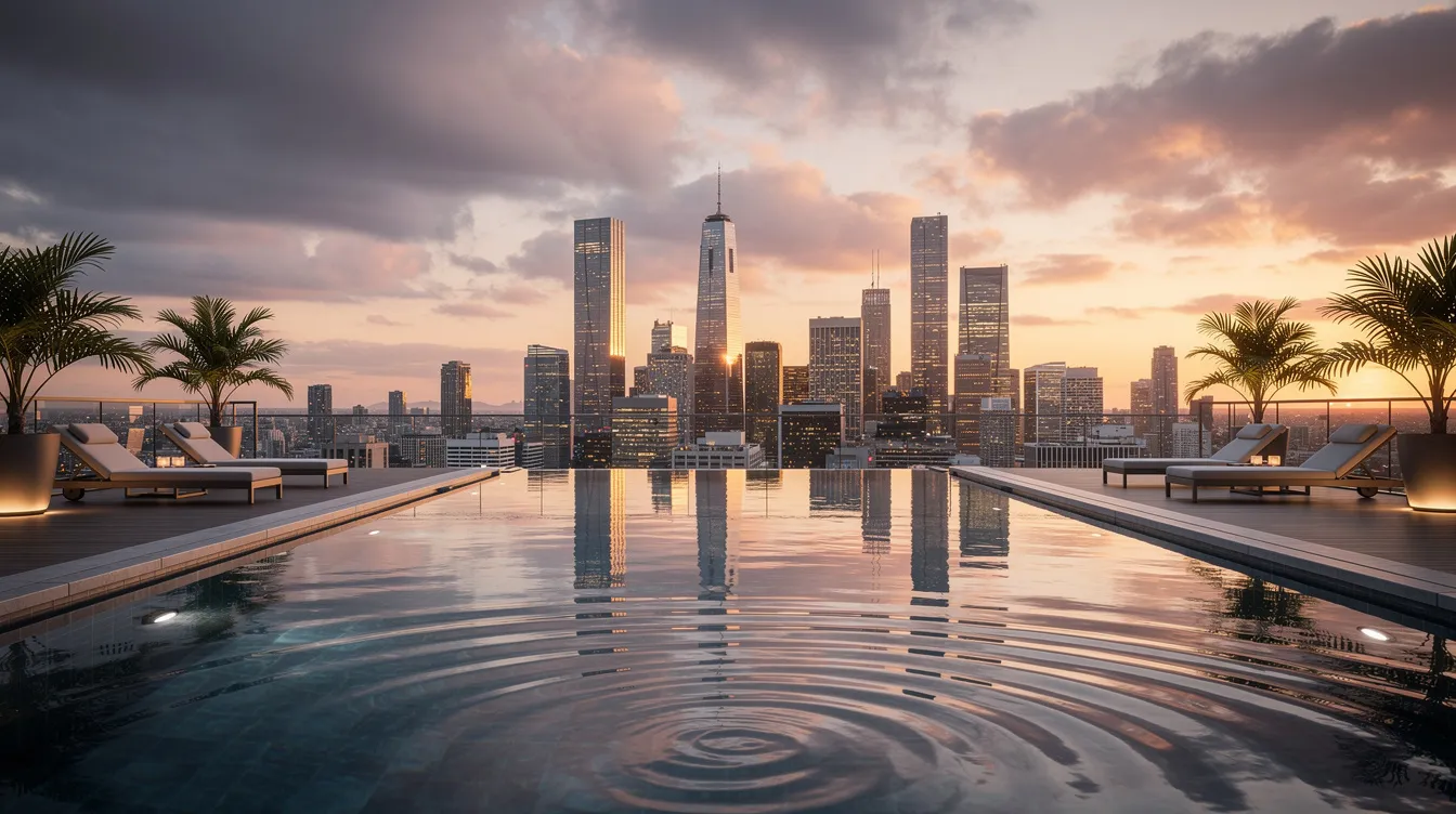 The image depicts a stunning rooftop infinity pool that seamlessly blends with the skyline of a vibrant city at sunset, showcasing a breathtaking view of the central business district and iconic landmarks like Marina Bay Sands. The warm hues of the setting sun reflect off the water, creating a serene atmosphere perfect for relaxation in a modern luxury setting.