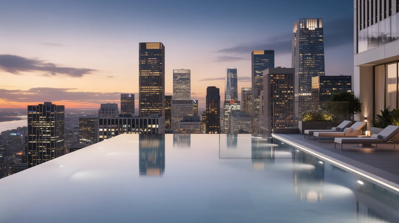 An infinity pool sits atop a high-rise building, offering a breathtaking view of a city skyline at dusk, with vibrant hues of orange and purple in the sky. This luxurious setting exemplifies modern urban living, likely found in prime locations such as the River Valley precinct, close to amenities like the Havelock MRT station and the vibrant Orchard Road shopping district.