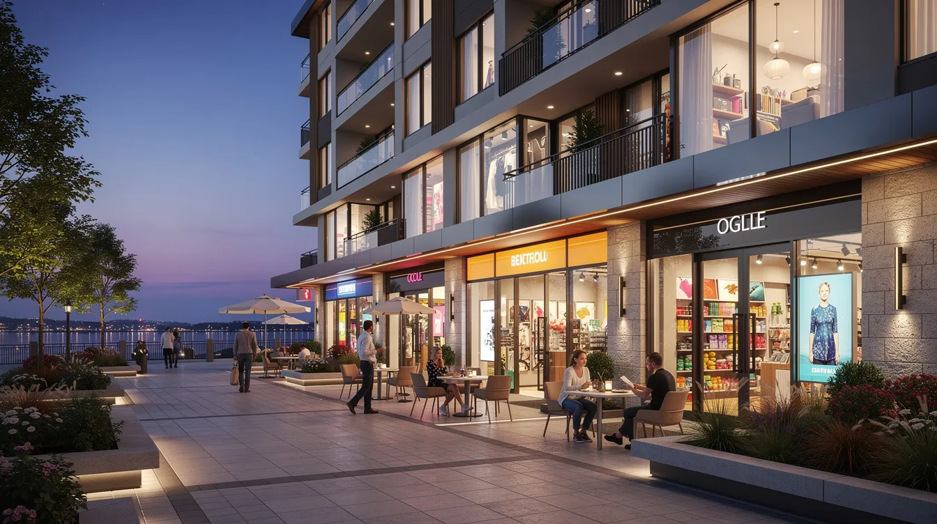 The image showcases vibrant ground-floor retail shops illuminated at dusk, nestled within a modern waterfront residential development in the Marina South precinct. This bustling commercial space invites future residents and visitors to explore the nearby amenities, enhancing the appeal of the community-centric district.
