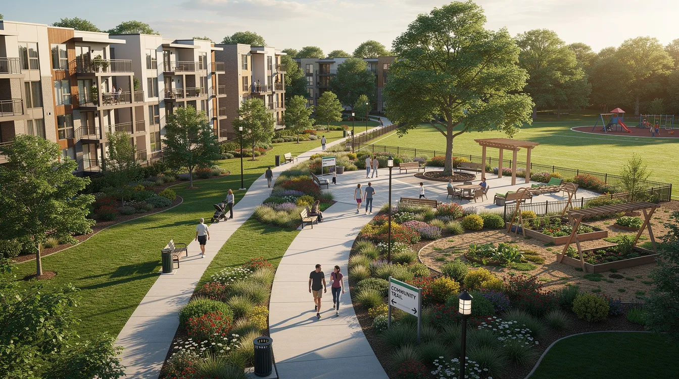 The image depicts a beautifully landscaped walking path that connects various residential developments, including the lentor gardens residences, with lush green parks and vibrant community spaces, promoting a sense of modern living and outdoor enjoyment in the lentor area. This serene environment is ideal for families seeking a harmonious lifestyle amidst nature.