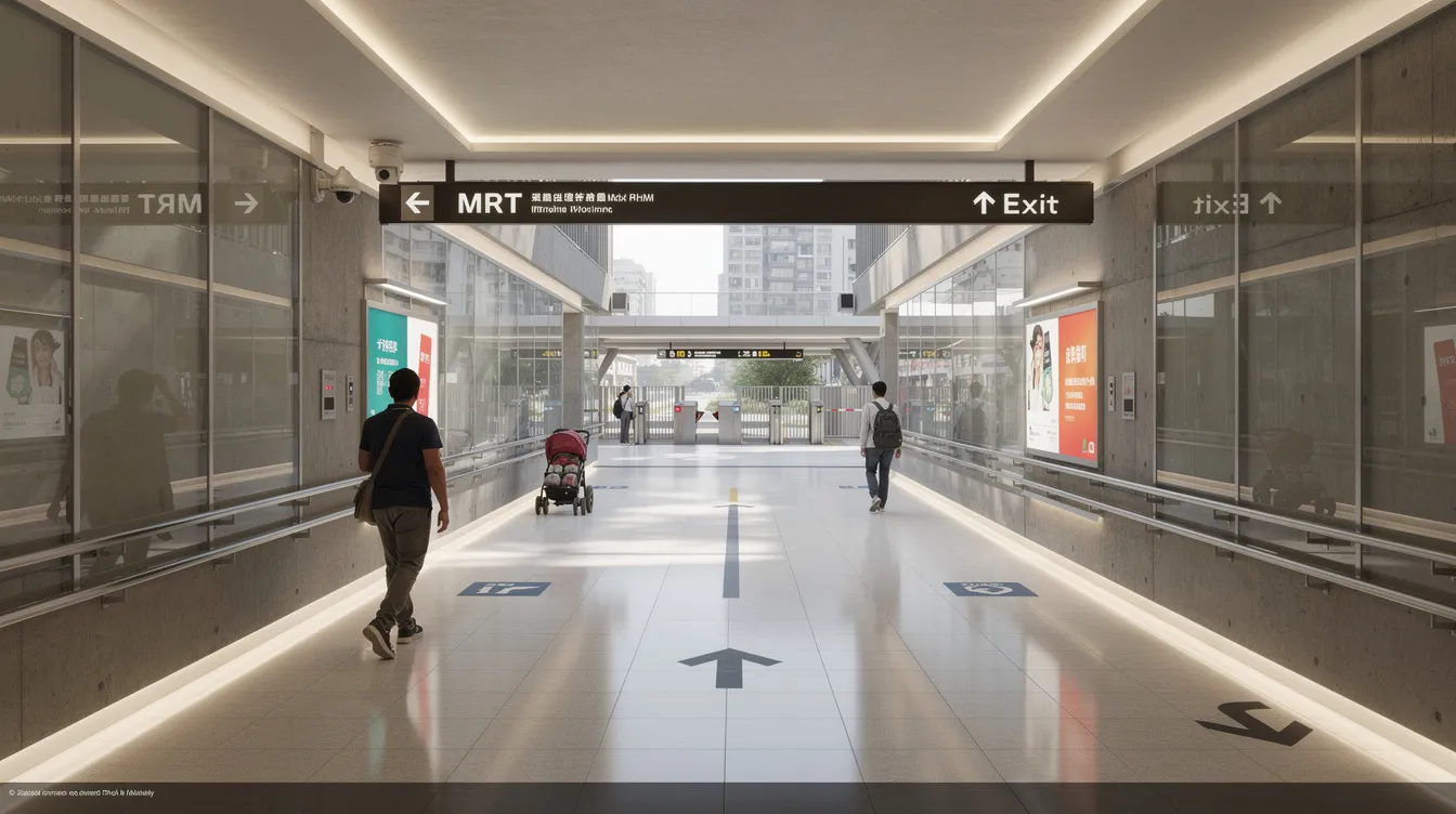 The image depicts an underground pedestrian walkway that connects the residential development of Pinery Residences to the modern Tampines West MRT station, facilitating direct MRT access for residents. This integrated development enhances transport connectivity and promotes family living in the increasingly sought-after Tampines West precinct.