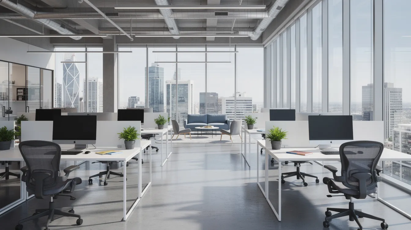 The image depicts a modern open-plan office space featuring floor-to-ceiling windows that provide a stunning view of a city skyline, highlighting the vibrant atmosphere of Singapore's business landscape. This office space exemplifies the ideal environment for local and foreign investors seeking commercial property opportunities, with excellent connectivity to MRT stations and a focus on long-term investment potential.