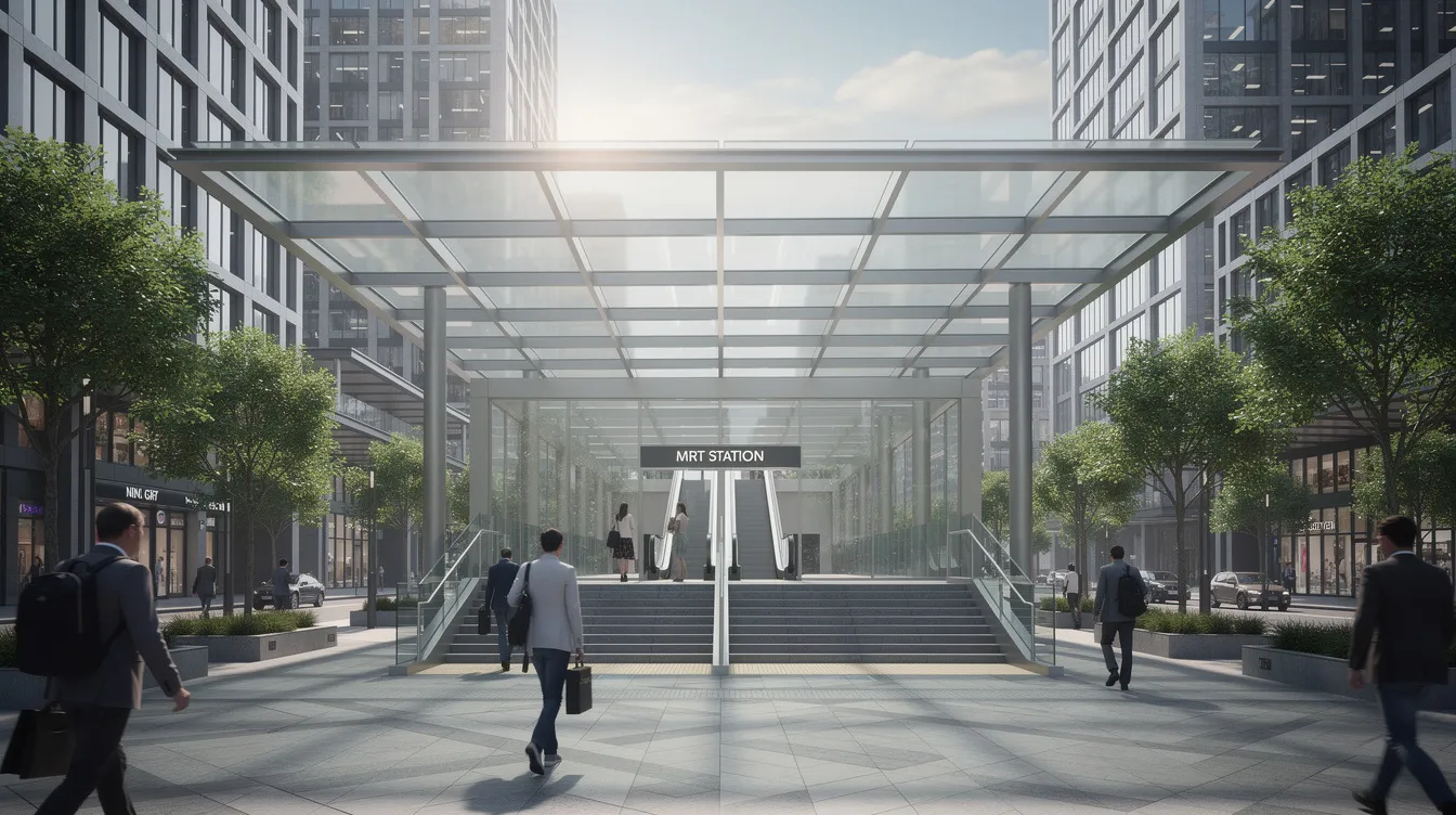 The image depicts a modern MRT station entrance featuring a sleek glass canopy, set against an urban backdrop. This contemporary design enhances accessibility to the Havelock MRT station, which is strategically located near the vibrant River Valley precinct and various lifestyle amenities.