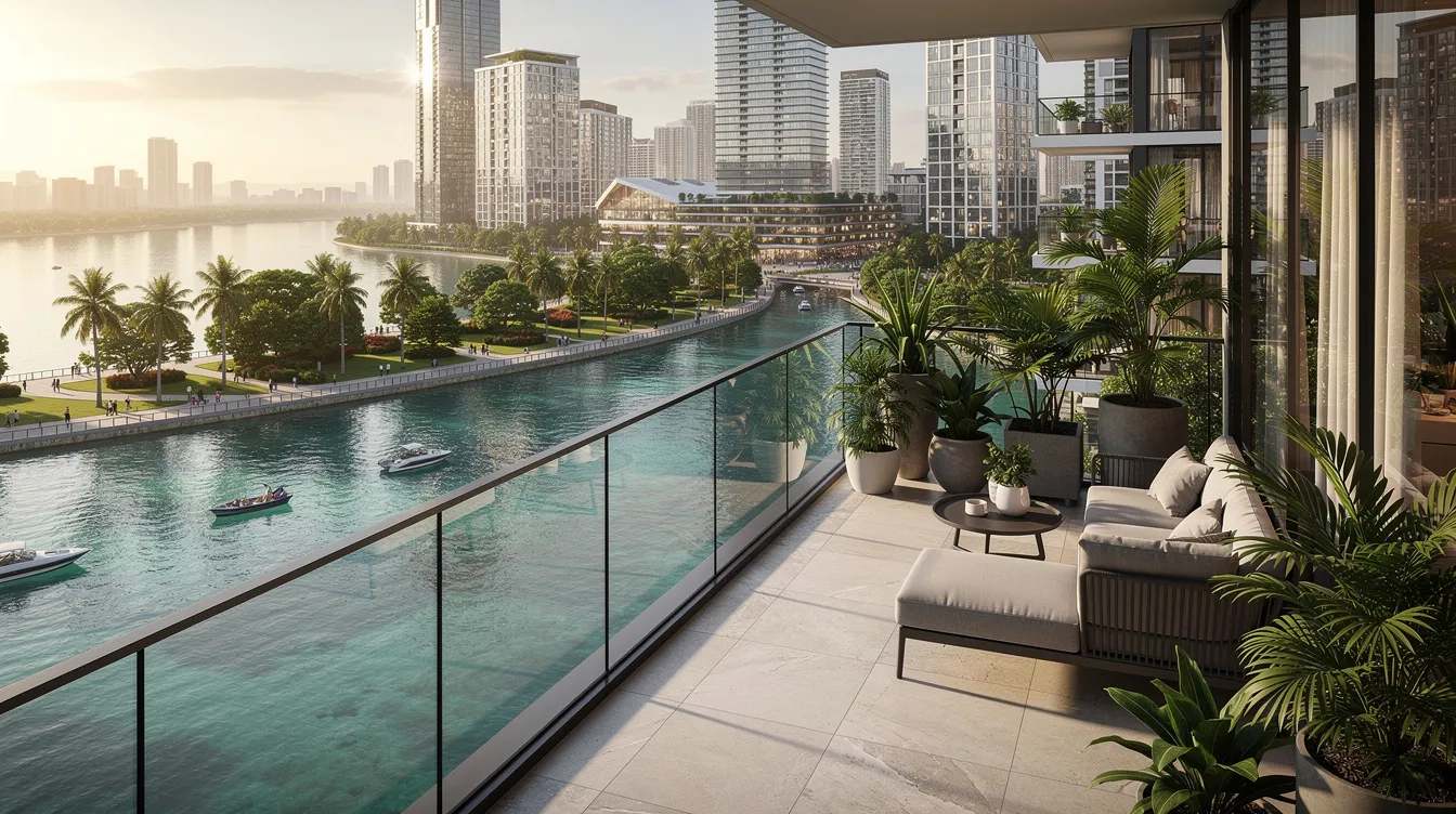The image depicts a modern residential tower balcony with stunning panoramic views of a tropical waterfront basin, lush parkland, and the Singapore skyline, including iconic landmarks like Marina Bay Sands and the Golden Mile Complex in the distance. This luxurious setting offers a perfect blend of urban living and natural beauty, ideal for residents seeking a vibrant lifestyle in the Aurea district near Nicoll Highway.