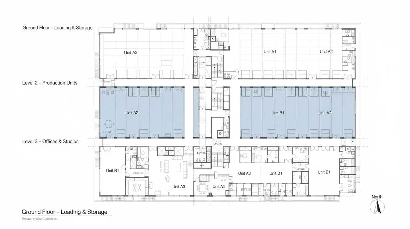 The image depicts a detailed floor plan layout of a multi-storey industrial building, showcasing various unit configurations designed for food production and processing. This strategically located facility near Tuas South Avenue is ideal for businesses in the food sector, with efficient logistics and operations in close proximity to major expressways.