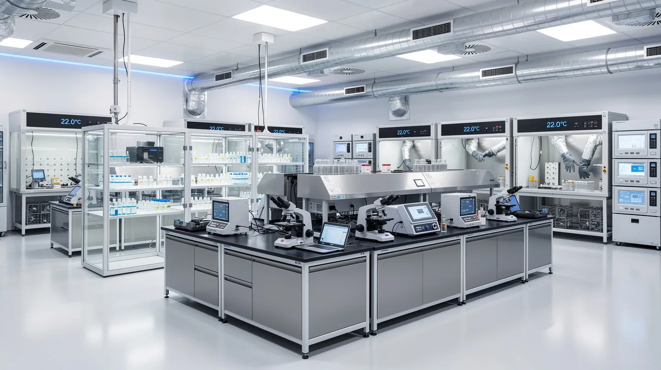 The image depicts a modern laboratory interior equipped with precision instruments and controlled environment workstations, essential for core industrial activities. This high-spec B1 industrial space showcases advanced technology and operational requirements, catering to the demands of Singapore's industrial market and supporting industries such as software development and light manufacturing.