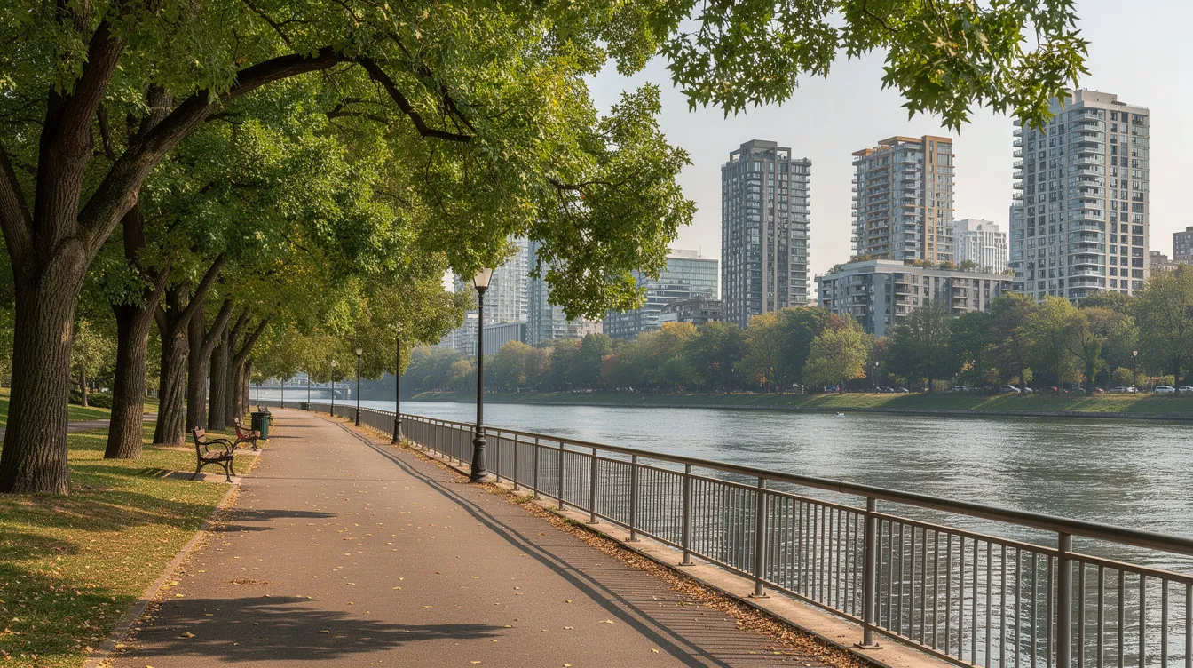 The image depicts a serene tree-lined walkway along the Singapore River, with two modern residential towers in the background, showcasing urban living in the prime River Valley location. This picturesque scene highlights the blend of nature and contemporary architecture, characteristic of the Zyon Grand development.