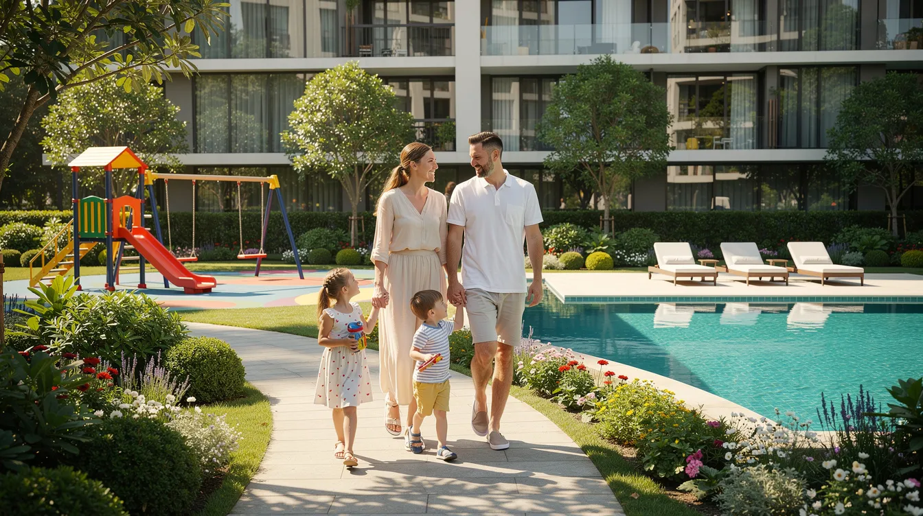 A family strolls along a beautifully landscaped garden path, surrounded by vibrant greenery, next to a modern swimming pool and a children's playground, embodying the serene lifestyle of the Chuan Grove area. This scene highlights the community's family-friendly environment, perfect for residents looking to enjoy outdoor spaces near Lorong Chuan MRT station.