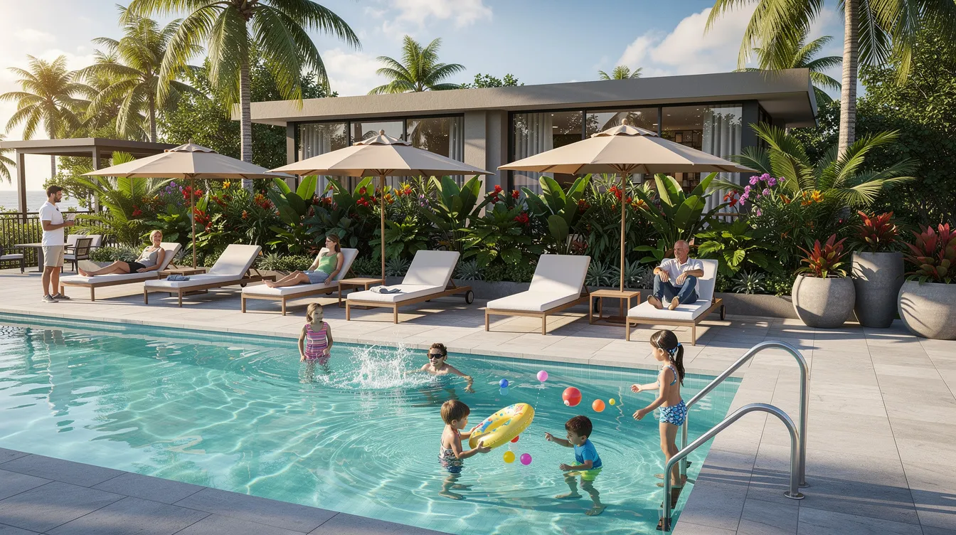 The image depicts a modern condominium pool area surrounded by lush tropical landscaping, with families enjoying the space. This thoughtfully designed communal area reflects the essence of urban living in the Jurong Lake District, offering a serene environment for relaxation and recreation.