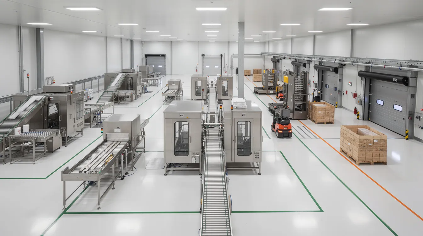 The image depicts the interior of a modern food production facility, showcasing modular unit configurations and shared loading infrastructure designed for efficiency. This space exemplifies gourmet xchange @ kallang, catering to various food businesses and representing Singapore's growing food tech landscape within a prime central location.