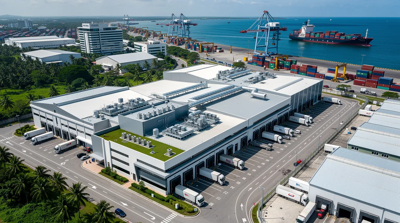 An aerial view showcases a modern multi-storey food factory development strategically located in the tropical port district of Tuas South, Singapore. This industrial property is designed for food production and processing, with close proximity to major expressways and the Tuas Mega Port, enhancing logistics and operations for businesses in the sector.