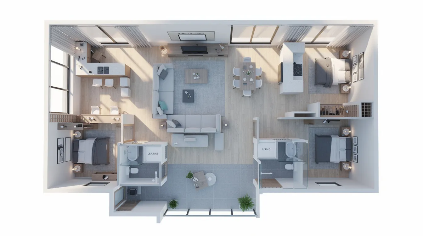 The image depicts the interior layout of a modern three-bedroom condominium unit featuring open-plan living and dining areas, designed for integrated living. This layout emphasizes spaciousness and functionality, ideal for family living in a sought-after location like Pinery Residences, with easy access to amenities and transport options such as the nearby Tampines West MRT station.