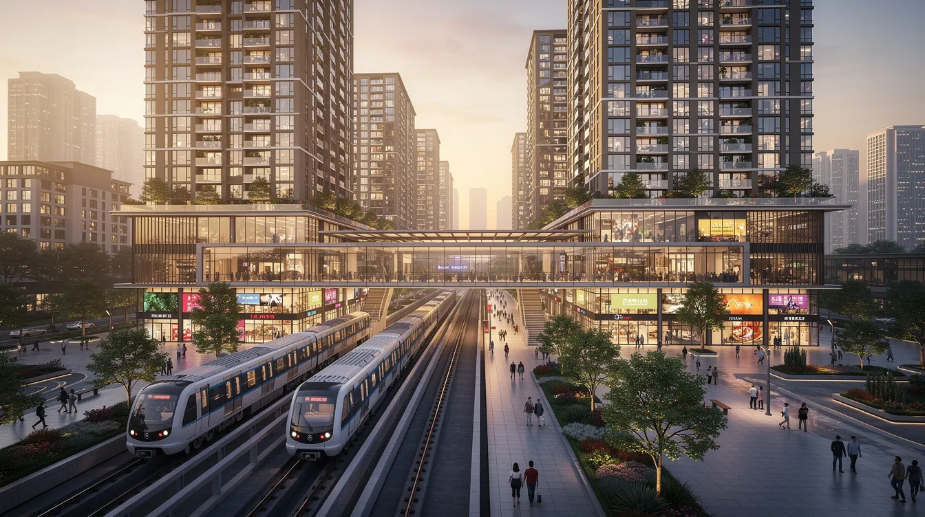 The image depicts a city skyline featuring MRT rail tracks that lead to the Tampines North MRT station, integrated with a modern residential and commercial complex, showcasing the vibrant community of Parktown Residence. The scene illustrates urban living with convenient access to retail spaces, a bus interchange, and nearby amenities like Tampines Mall and Century Square.