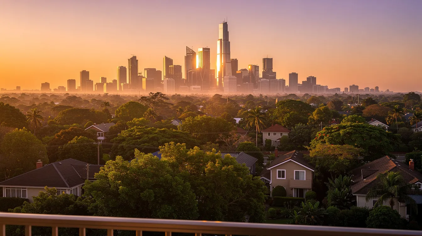 The image depicts a stunning sunset view from a high-rise balcony, showcasing a lush green neighborhood with a distant city skyline, including notable landmarks like the Holland Village MRT station and the central business district. This serene scene reflects the modern luxury and urban living that the Skye at Holland residential project offers, surrounded by vibrant community spaces and lifestyle amenities.