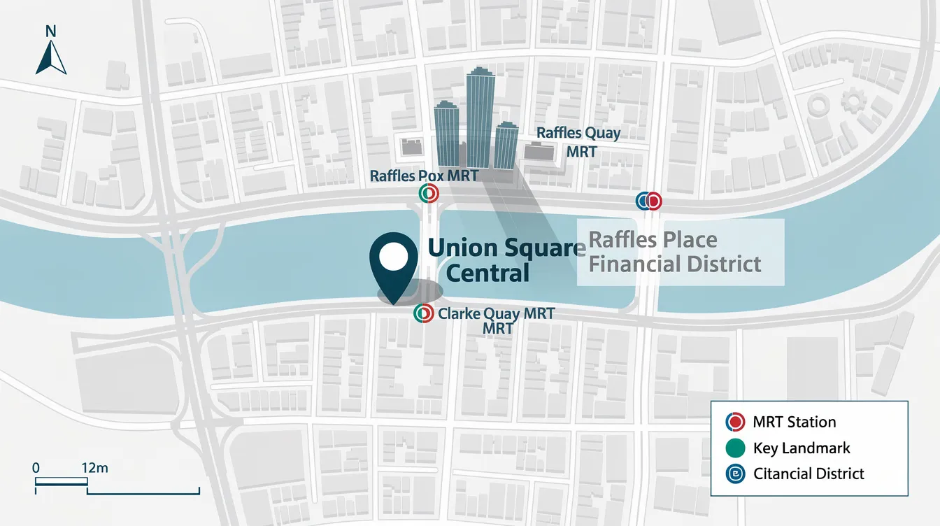 The image depicts a map highlighting the location of Union Square Central along the Singapore River, with markers for three nearby MRT stations and its close proximity to the Raffles Place financial district, a key area within Singapore's central business district. This illustration emphasizes the strategic positioning of office buildings and the continued demand for prime grade office space in the region.