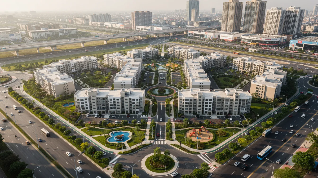 An aerial view showcases the expansive Parktown Residence development in Tampines, featuring lush green landscaping and modern residential units integrated with urban infrastructure. The surrounding area includes convenient access to amenities such as the upcoming Tampines North MRT station, Tampines Mall, and community facilities, creating a vibrant and connected community.