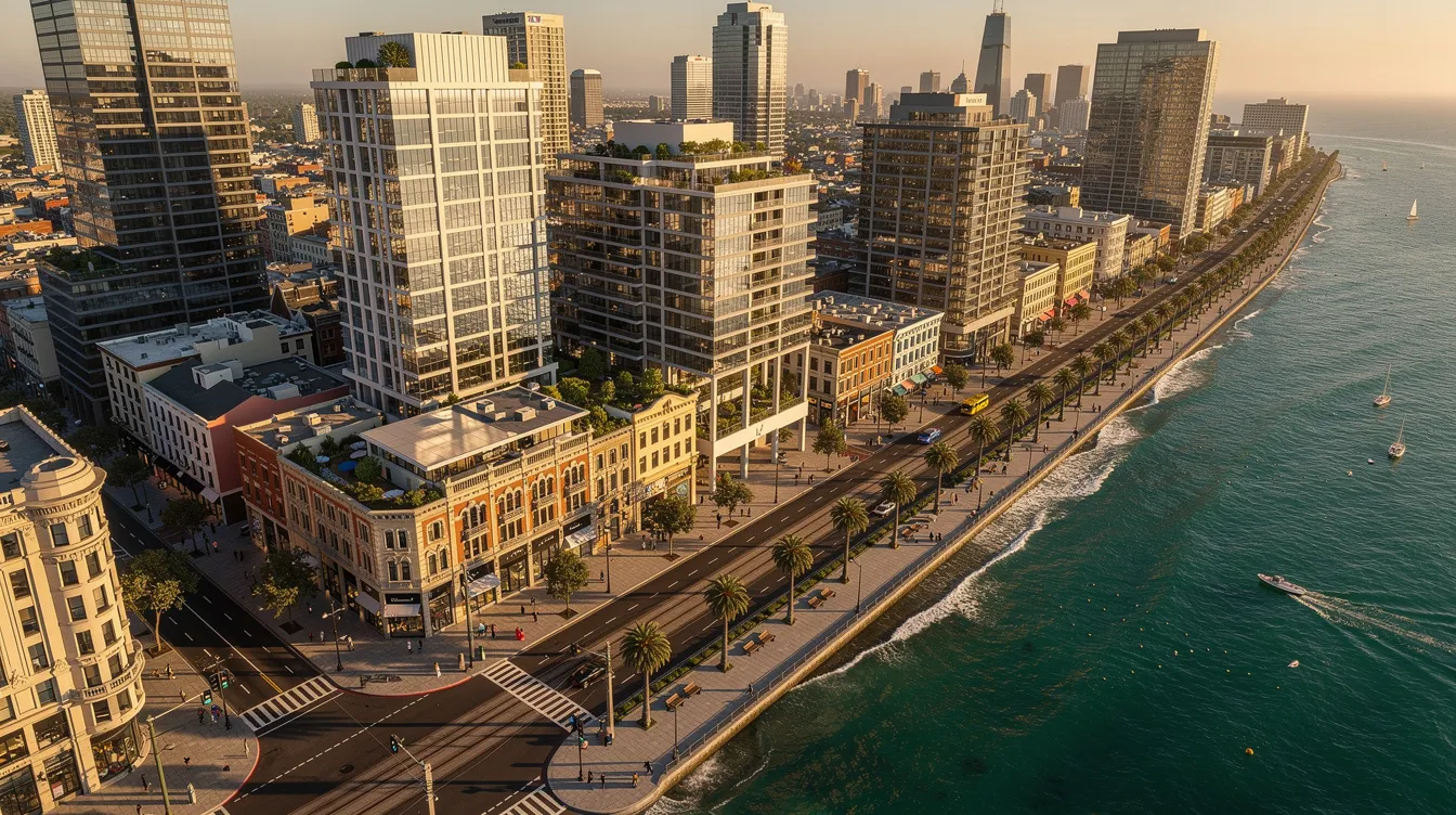 An aerial view captures a vibrant coastal urban corridor featuring a mix of modern towers and conserved heritage buildings along a waterfront promenade, highlighting the iconic Golden Mile complex and its proximity to Marina Bay. The scene showcases retail spaces and residential components, reflecting the ongoing urban redevelopment efforts in this prime location of Singapore.