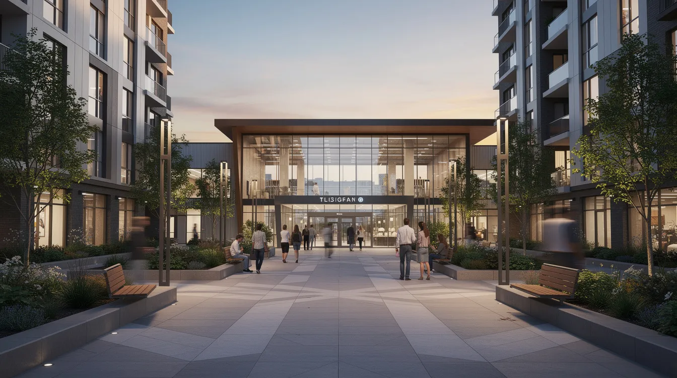 The image depicts a pedestrian walkway that connects several residential buildings to the modern entrance of the Tampines West MRT station, facilitating easy access for residents to public transportation. This convenient pathway highlights the integration of the Rivelle Tampines EC within the established amenity ecosystem of Tampines, enhancing the area's appeal for HDB upgraders and families seeking proximity to amenities.