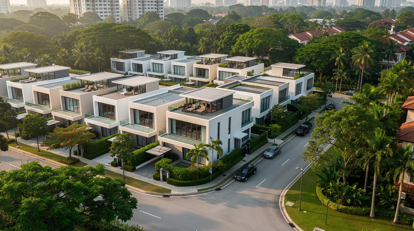 An aerial view showcases the luxurious terrace homes of the Springleaf Collection, nestled among mature trees in a serene residential enclave of Singapore. This image highlights the established private estates and the tranquil surroundings, emphasizing the unique appeal of landed property in this desirable district.