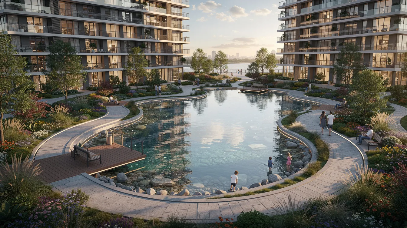 The image depicts a serene waterfront garden featuring a tranquil pond, surrounded by beautifully landscaped pathways and modern residential towers, highlighting the lush environment of the Tengah Garden Residences in the Jurong Lake District. This vibrant setting emphasizes the integration of nature within the first private residential project in Tengah New Town, appealing to prospective buyers and young families.