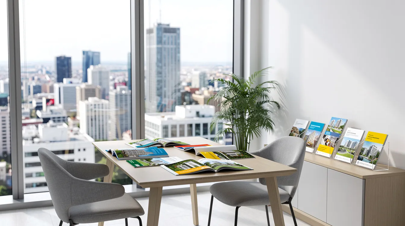 The image depicts a modern office consultation room featuring property brochures and a panoramic city view, emphasizing the strategic location of developments like Otto Place EC in the Jurong Lake District. Natural light floods the space, creating a welcoming atmosphere for potential buyers exploring urban living options.