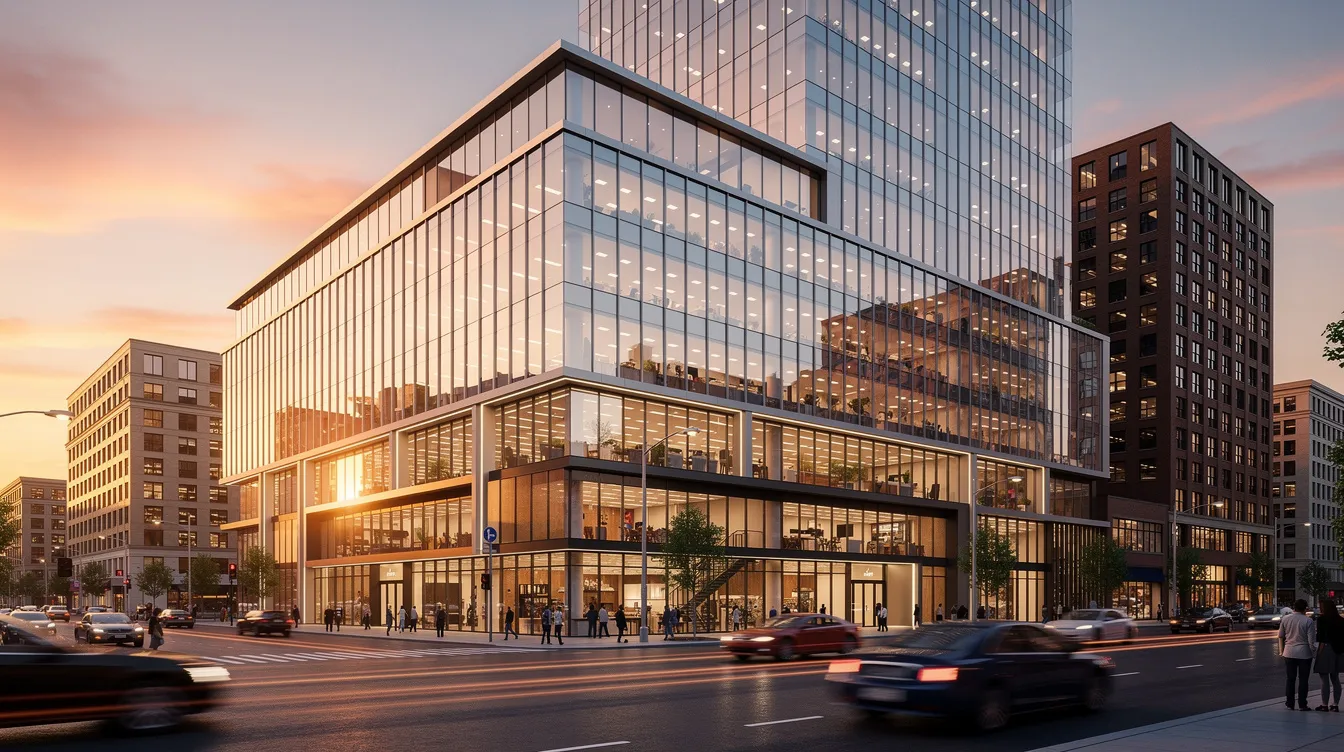 The image depicts a modern commercial building with sleek glass facades, situated in a vibrant urban district during golden hour, showcasing the dynamic nature of Singapore's business landscape. This architectural design highlights the potential for capital appreciation and excellent connectivity, attracting both local and foreign investors looking for prime commercial property and office space.