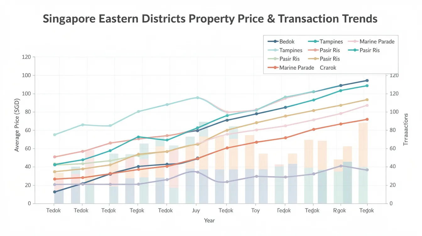 The image depicts a chart illustrating property price trends and transaction volumes in Singapore's eastern districts, highlighting areas such as Tampines West, where developments like Pinery Residences and Parc Central Residences are increasingly sought after due to their proximity to amenities like Tampines Mall and direct MRT access. The data reflects the sustained demand and average selling prices in the region, indicating a robust real estate market.
