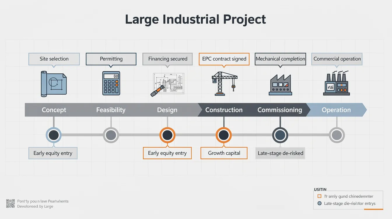 The image is a timeline infographic illustrating key development milestones and optimal investment entry points for a food production project in Singapore, highlighting the strategic location of industrial properties near Tuas South Avenue and the Tuas Mega Port. It includes data on growth opportunities, logistics, and the evolution of the food processing sector, aimed at potential operators and investors.