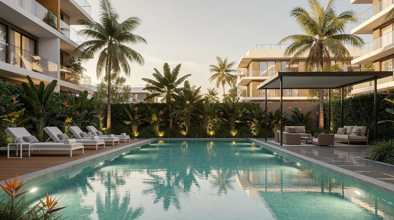 The image depicts a modern swimming pool area surrounded by lush tropical landscaping in a residential development, likely part of an executive condominium like Rivelle Tampines. This inviting space features comfortable lounge chairs and vibrant greenery, creating a serene atmosphere for residents to enjoy leisure time close to amenities like Tampines Hub and MRT access.
