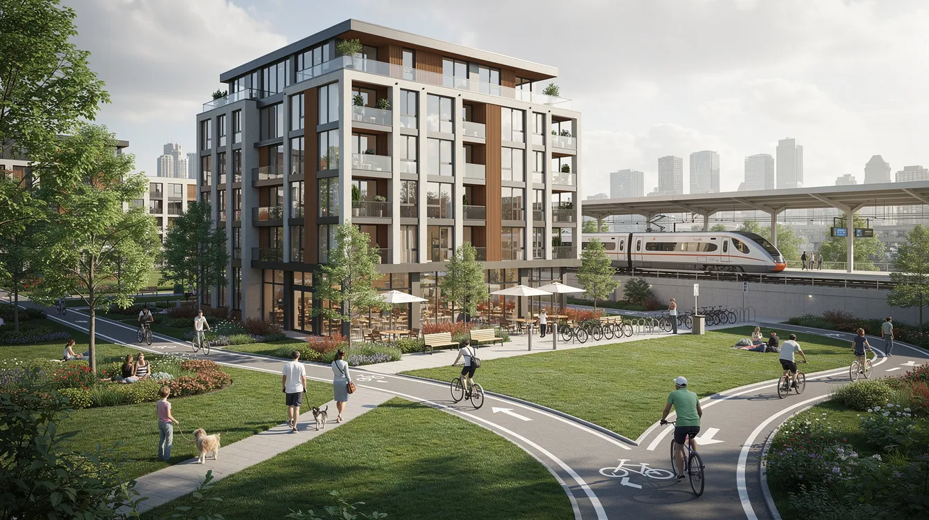 The image depicts a modern residential development, known as Otto Place EC, strategically located near a train station, surrounded by lush greenery, parks, and cycling paths. The thoughtfully designed communal spaces and eco-friendly features promote urban living and well-being, making it an ideal choice for families and buyers in the Jurong Lake District.