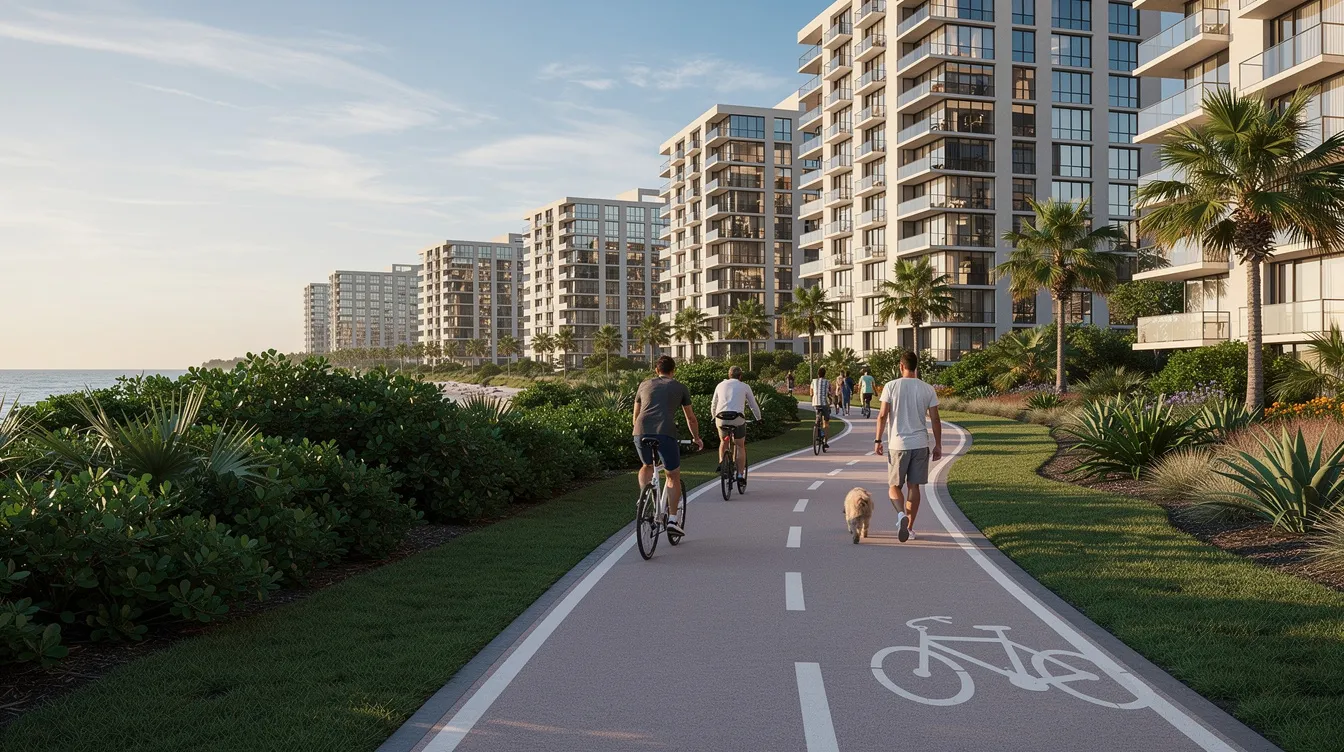 The image depicts a serene pedestrian cycling path lined with lush coastal greenery, while modern residential towers rise in the background, showcasing the vibrant Bayshore precinct along the east coast. This scene reflects the excellent connectivity and lifestyle amenities available in the area, close to East Coast Park and the Bayshore MRT station.