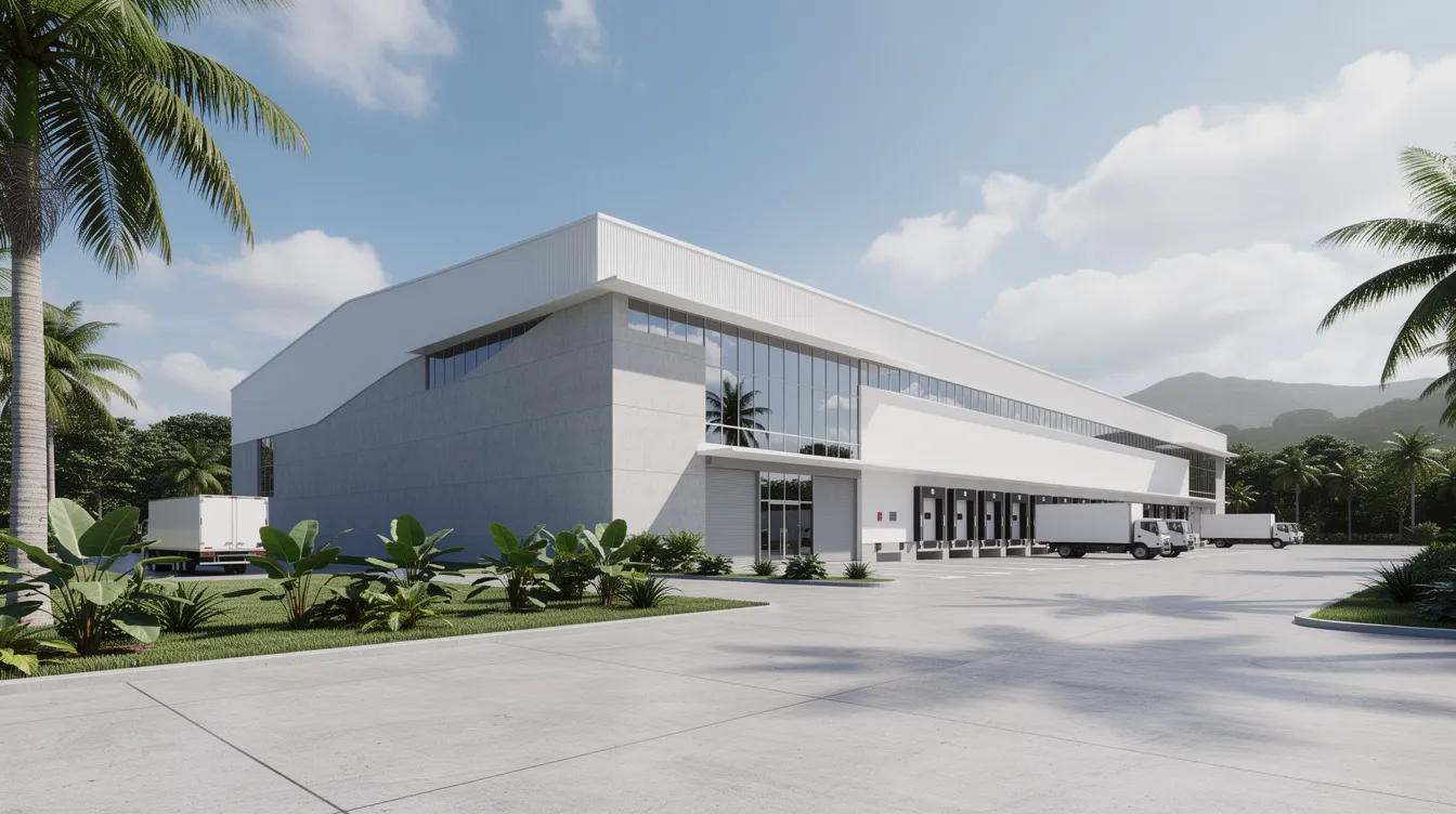 The image depicts a modern industrial building exterior characterized by clean architectural lines and multiple loading bays, set in a lush tropical environment. This high-spec B1 industrial property, designed for core industrial activities, highlights Singapore's industrial market and the increasing tenant demand for functional industrial spaces.