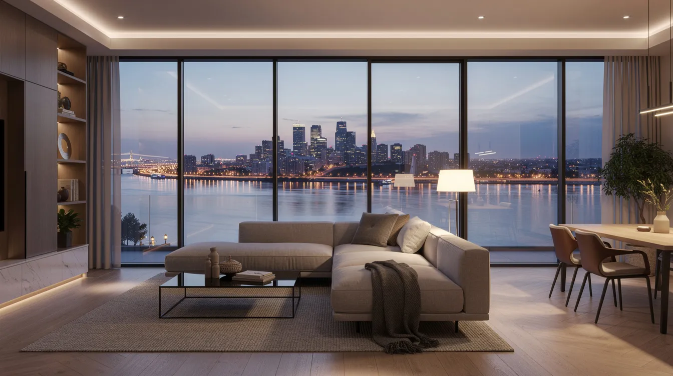 The image depicts a modern apartment interior featuring floor-to-ceiling windows that provide a stunning view of the city skyline and the Singapore River at dusk. The stylish living and dining areas are illuminated by the warm glow of the city lights, creating an inviting atmosphere for urban living.