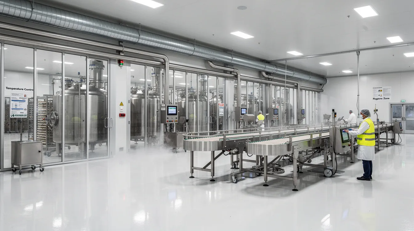 The image depicts the interior of a large food manufacturing facility featuring stainless steel equipment and climate-controlled zones, highlighting the industrial sector's emphasis on food security and high-quality assets. The layout showcases the strategic importance of maintaining strong tenant demand and efficient supply chain operations within the industrial landscape.