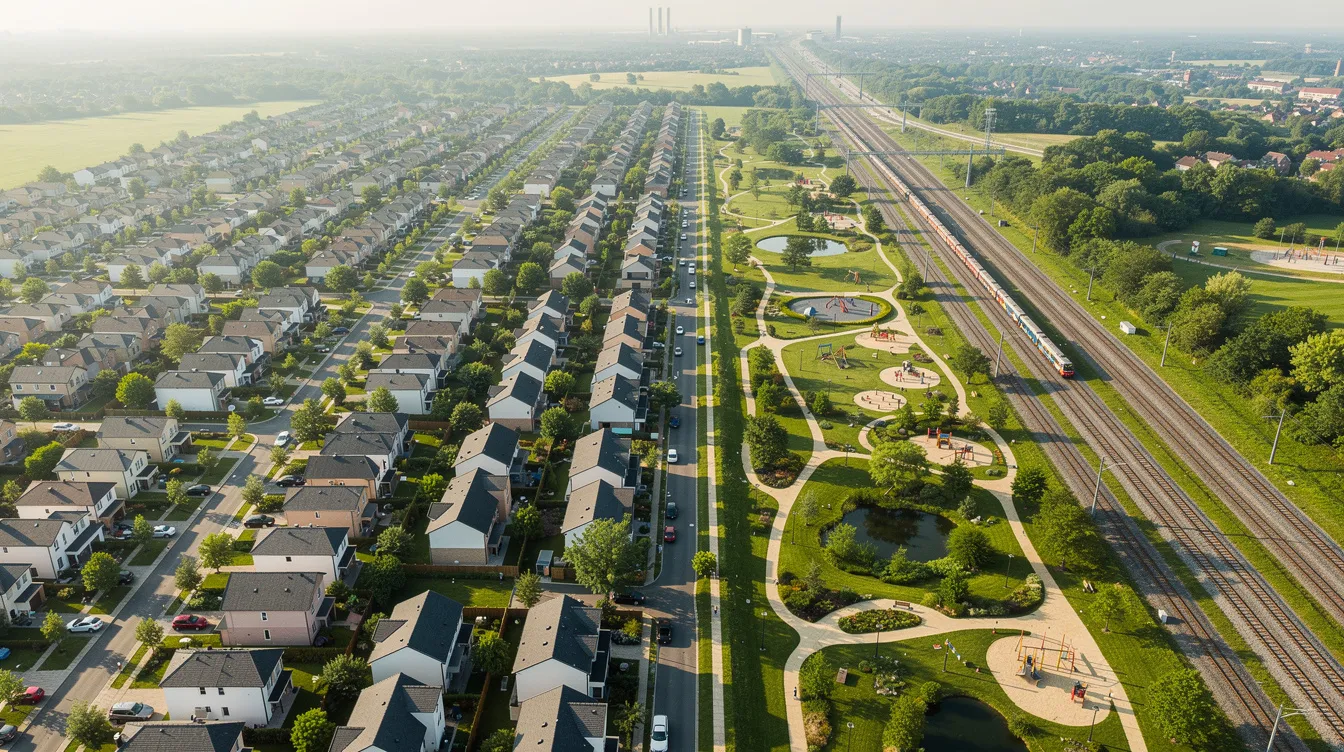 An aerial view showcases a suburban residential estate featuring lush greenery, green parks, and train tracks, indicative of urban living in the Jurong Lake District. The thoughtfully designed communal spaces and proximity to the upcoming Tengah Park MRT station highlight the strategic location for families and residents seeking eco-friendly features and sustainable town living.