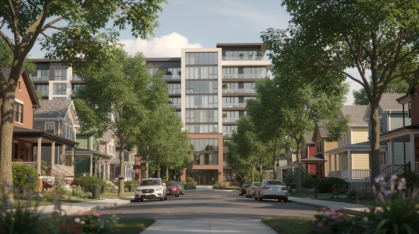 The image depicts a serene tree-lined residential street featuring low-rise houses, with a modern condominium development visible in the background, highlighting the blend of traditional and contemporary living in the Chuan Grove area of District 19. This setting is indicative of the strong fundamentals and pent-up demand for residential sites near Lorong Chuan MRT station and Chuan Park.