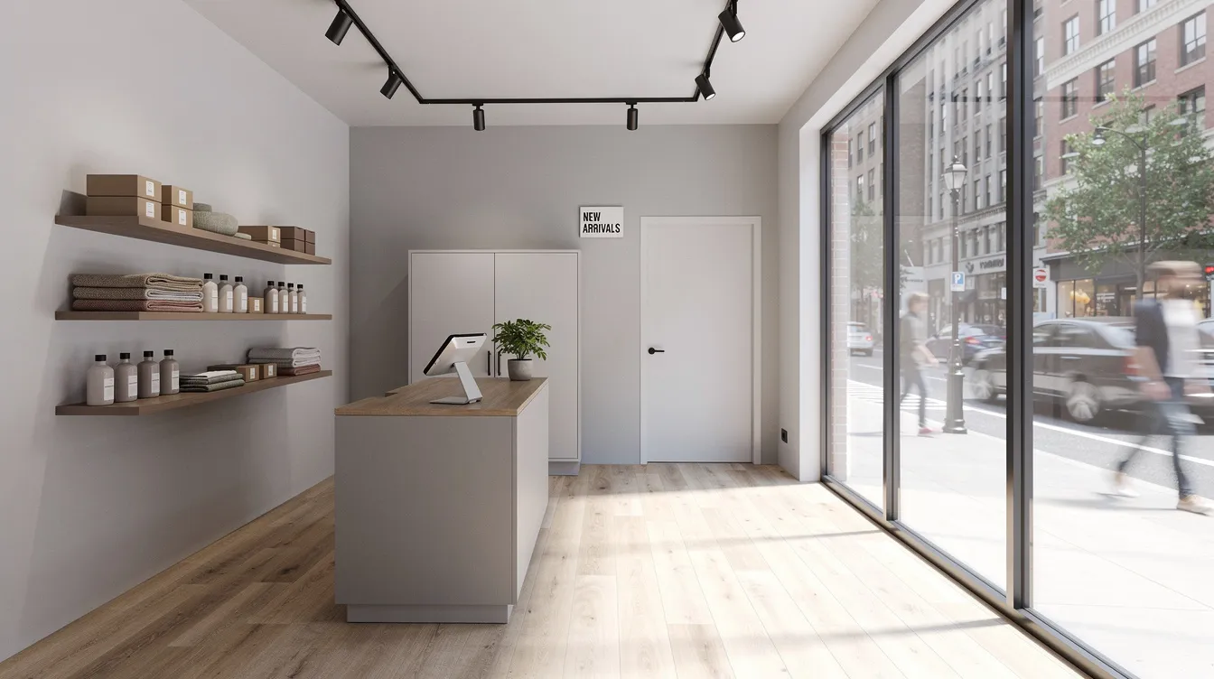 The image depicts the interior of a small modern retail unit, featuring large street-facing windows that allow abundant natural light to fill the space. This retail environment is part of a mixed-use development, ideally located in a central business district, showcasing the potential for vibrant commercial spaces in city fringe locations.