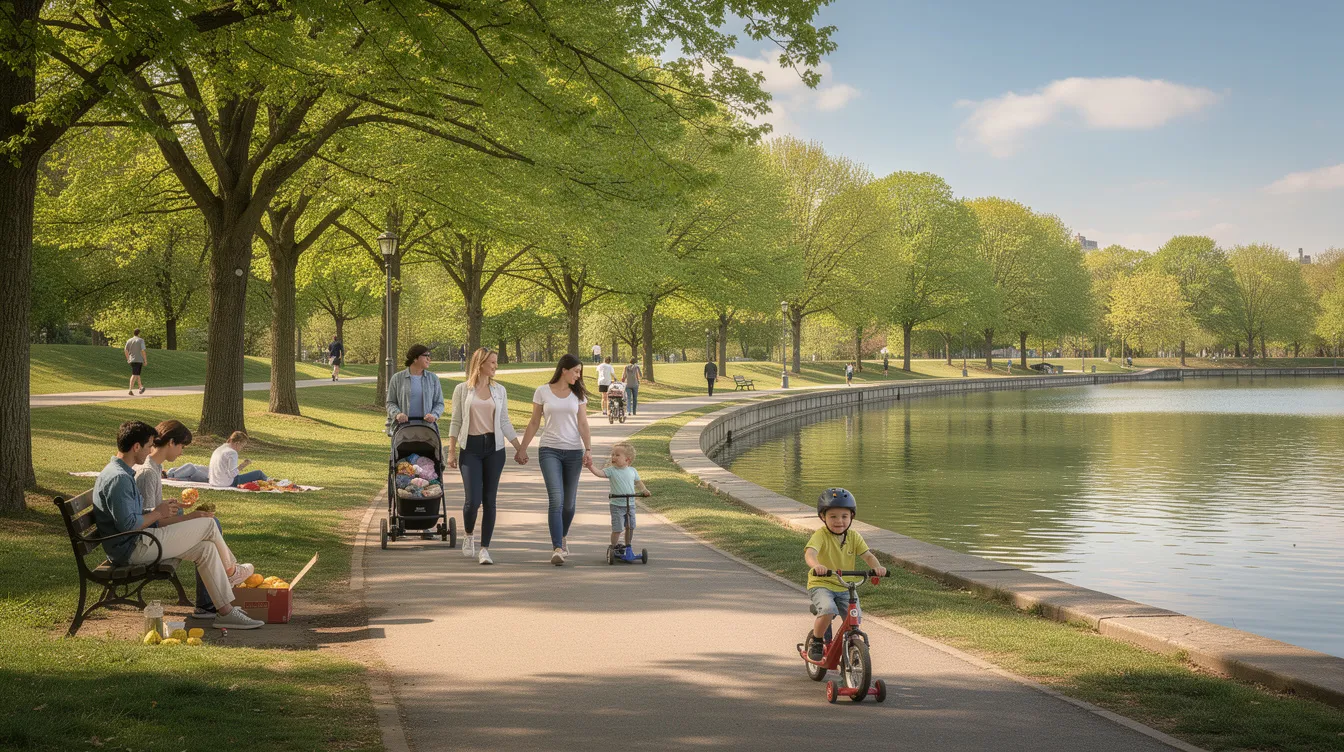 A tree-lined walkway near Bedok Reservoir Park is bustling with families enjoying various outdoor activities, reflecting the community spirit in the Tampines West area. This picturesque scene showcases the green spaces that enhance the appeal of nearby residential developments like Pinery Residences.