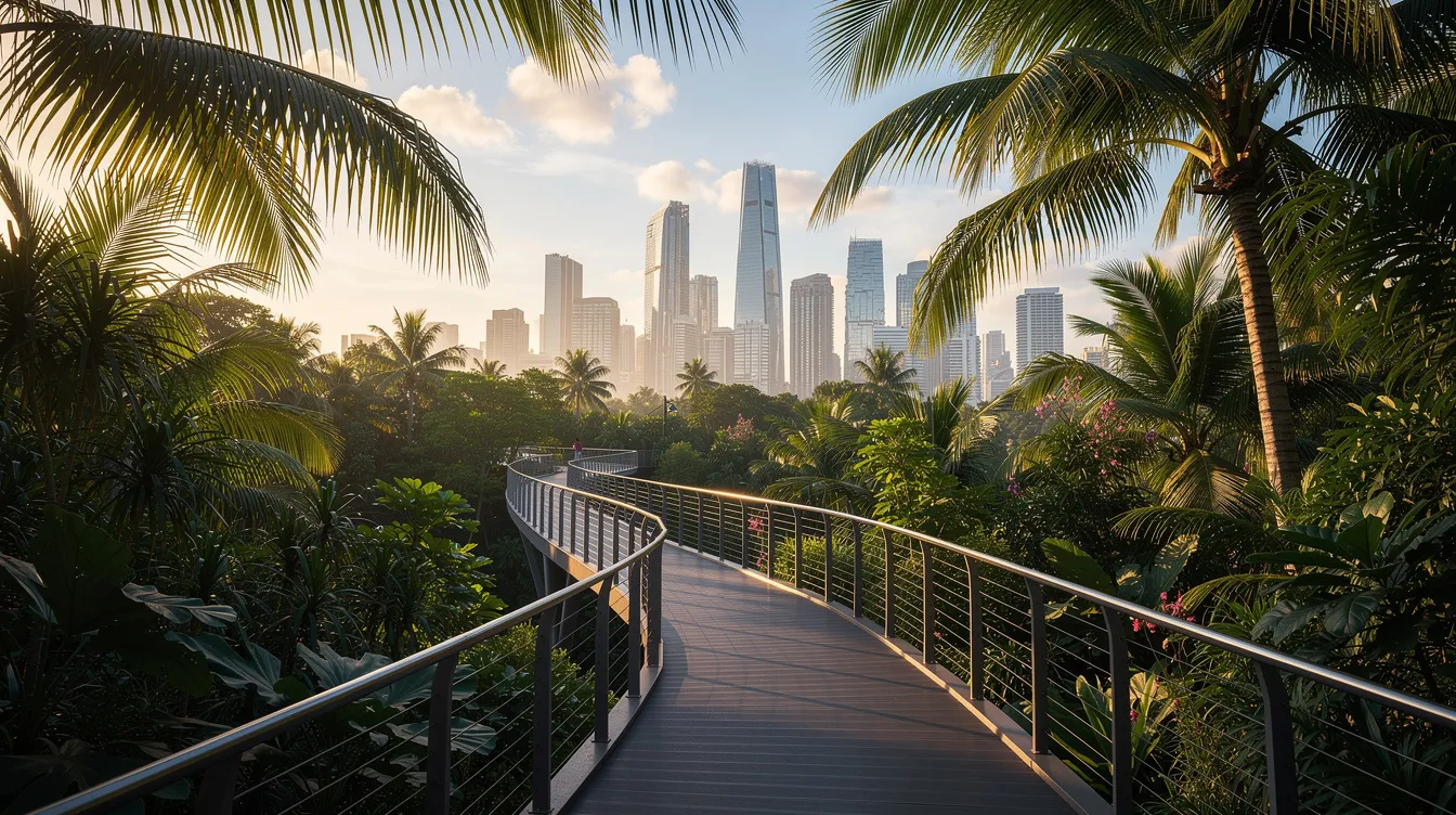 The image depicts an elevated park walkway surrounded by a lush tropical canopy, with a stunning city skyline in the background that includes landmarks from the central business district of Singapore. This serene setting offers a seamless blend of nature and urban life, highlighting the vibrant atmosphere near Robertson Quay and the Singapore River.