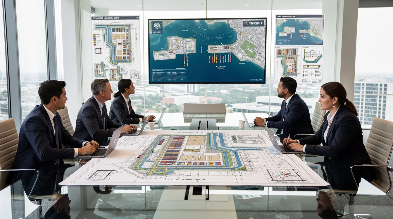 The image depicts a professional consultation setting featuring industrial property plans and port development maps, highlighting the logistics zones and infrastructure related to the upcoming Tuas Mega Port. These plans emphasize operational efficiency, diverse business ecosystems, and future power-intensive operations, catering to the needs of industrial development properties in western Singapore.