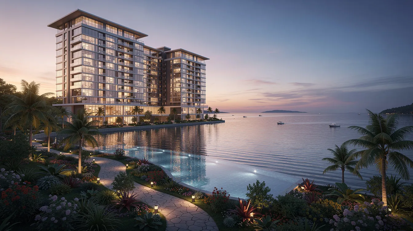 The image depicts modern waterfront towers at dusk, with stunning views of tropical gardens and a serene bay. The skyline features the iconic Marina Bay Sands in the background, surrounded by lush greenery and vibrant urban living spaces, highlighting the beauty of the Marina South precinct.