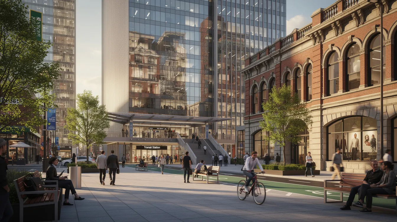 The image depicts an urban streetscape featuring pedestrian walkways that seamlessly connect modern residential towers and conserved heritage buildings, all situated near a transit station. This vibrant scene highlights the integration of retail spaces and office areas within the iconic Golden Mile complex, showcasing the ongoing urban redevelopment efforts in the prime location of Beach Road, close to the downtown core and Marina Bay.