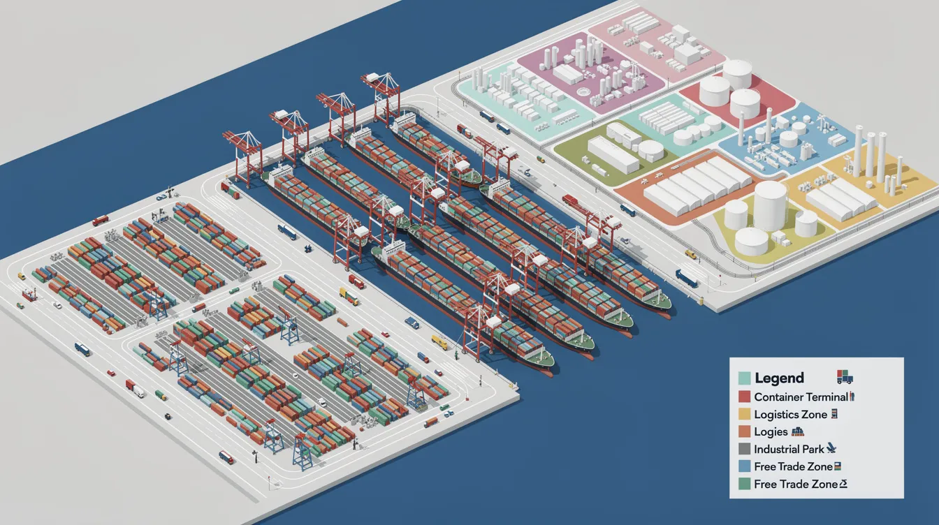 The image depicts an infographic-style aerial view of the upcoming Tuas Mega Port expansion, showcasing numerous berths, container cranes, and adjacent industrial zones designed for operational efficiency. This development caters to diverse business ecosystems with features like high ceilings, vertical storage, and convenient access to logistics zones, enhancing Singapore's industrial capabilities for future power-intensive operations.
