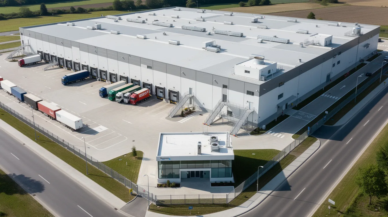 An aerial view showcases a modern multi-storey industrial food factory complex, featuring multiple loading bays and ramp access, highlighting the strategic importance of industrial properties in the supply chain. This image reflects the growing demand for high-quality industrial assets within the industrial sector, emphasizing the complex's role in food security and economic resilience.