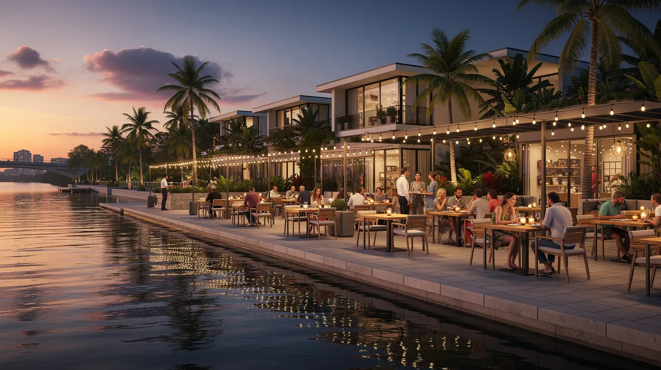 The image depicts a vibrant riverfront promenade along the Singapore River, featuring outdoor dining options under a dusky sky, with views of the lush landscapes and the iconic Robertson Opus condo nearby. People are enjoying the serene atmosphere, surrounded by the central business district's lights reflecting on the water.