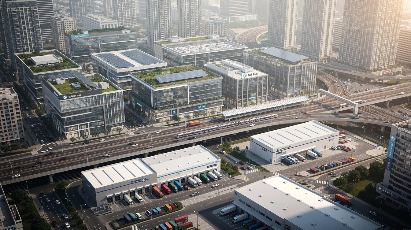 The image depicts a modern industrial development in a dense urban environment, showcasing the interconnectedness of major expressways and transit infrastructure. This area, part of Singapore's mature industrial estates, features the gourmet xchange at Kallang, highlighting food production units and various food businesses within a prime central location, designed for operational efficiency and food innovation.