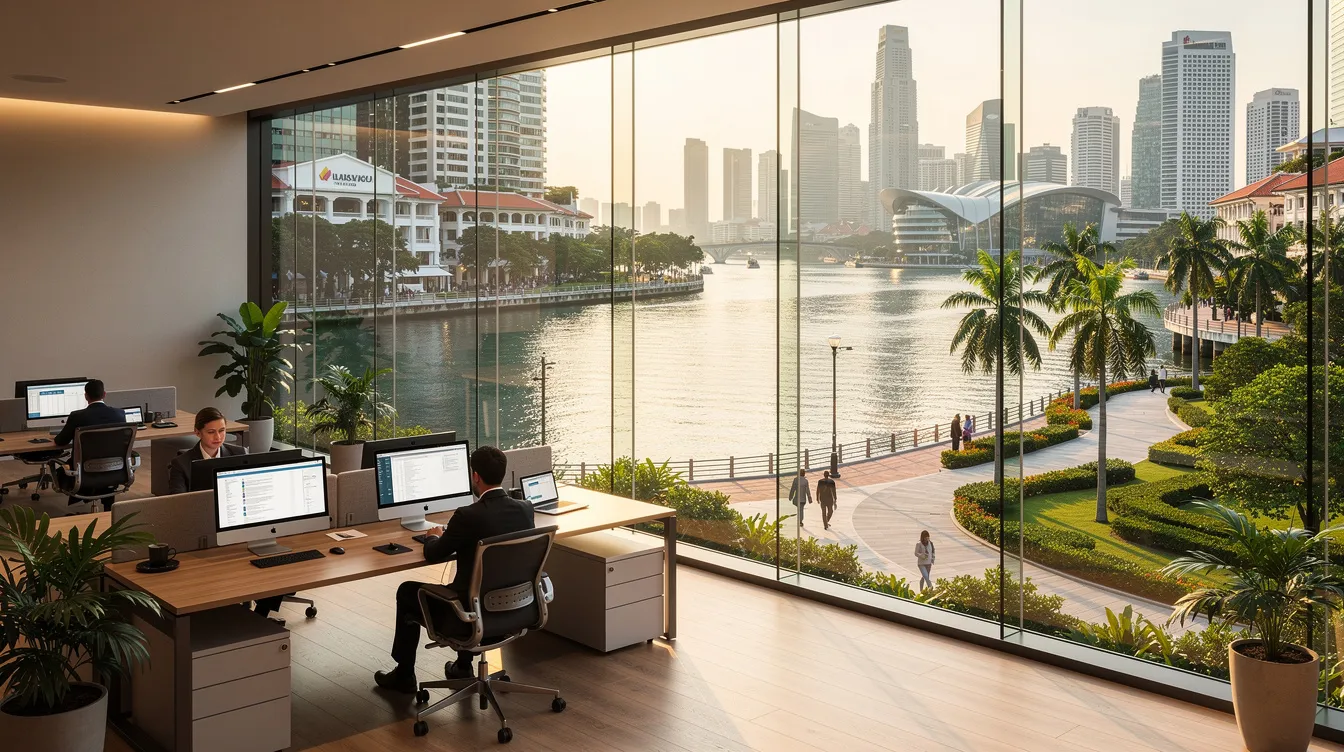 The image depicts a modern office interior featuring floor-to-ceiling windows that provide a stunning view of the Singapore River and lush urban greenery, typical of the prime grade office spaces found in the central business district. This well-located space reflects the ongoing flight to quality trend in the office sector, highlighting the appeal of new office supply amidst continued demand growth in Singapore's CBD.