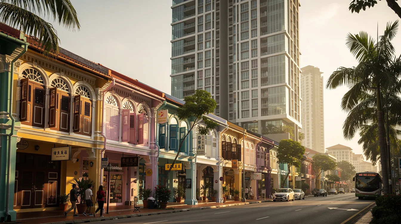 The image depicts a vibrant streetscape in Singapore's city fringe, showcasing a row of heritage shophouses juxtaposed against modern mixed-use towers. This blend of conservation shop houses and contemporary commercial spaces highlights the strategic development incentive in the central area, emphasizing the urban redevelopment efforts in this lifestyle hub.