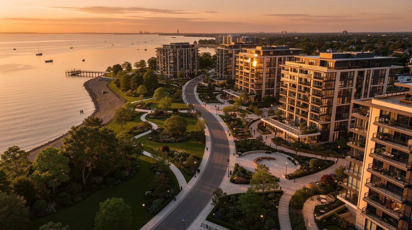 An aerial view captures the stunning waterfront residential precinct of One Marina Gardens, showcasing lush greenery and beautiful bay views at sunset. The scene highlights the proximity to Marina Bay Sands and the vibrant urban landscape, emphasizing the serene atmosphere of the Marina South precinct.
